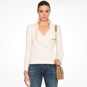 IRO MIRA Cotton Moto Jacket Fringed Hem Shawl Collar Boucle Knit Snap White 40